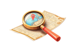 Illustration of a magnifying glass over a map with a red location pin, depicting exploration, navigation, and travel planning concepts. png