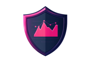 Graphic of a shield with a pink and purple line graph, symbolizing data protection and cybersecurity. Ideal for business or tech themes. png
