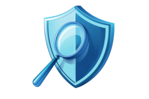 Illustration of a blue shield with a magnifying glass symbolizing online security and protection on a transparent background. png