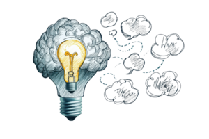 Illustration of a brain combined with a lightbulb, symbolizing creativity, innovation, and idea generation against a transparent background. png