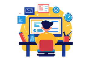 Illustration of a person working at a computer desk surrounded by digital tools and icons, symbolizing productivity and technology integration. png