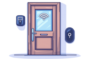 Illustration of a smart door with WiFi symbol, representing modern technology and security with an electronic lock system. png
