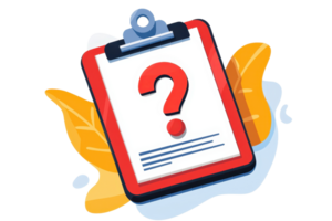 Illustration of a clipboard with a red border and a question mark, surrounded by abstract leaves, symbolizing inquiry and uncertainty. png