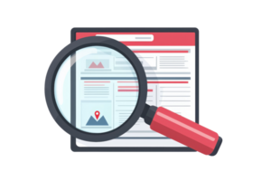 Illustration of a magnifying glass zooming in on a webpage, emphasizing detail and focus in web content or digital marketing analysis. png