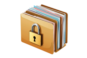 Illustration of a locked folder with multicolored documents, symbolizing secure information and data protection in digital form. png