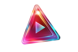 Vibrant neon triangle with glowing play button, symbolizing modern digital media and technology, on a transparent background. png