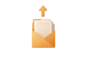 Illustration showing a document being sent from an orange envelope with an upward arrow, symbolizing digital communication or message delivery. png