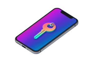 Smartphone with a secure digital key icon on the screen, symbolizing cybersecurity and data protection in modern technology. png