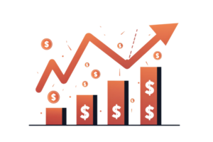 Illustration showing financial growth with upward graph, coins, and bars. Ideal for business success and investment strategy concepts. png