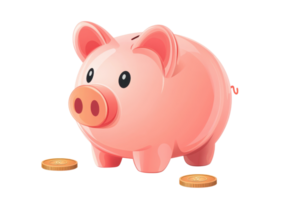 Pink piggy bank with coins, symbolizing savings and financial growth. Ideal for concepts of money management and investment. png