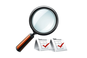 Magnifying glass examining two documents with check marks, symbolizing review, verification, and analysis in a business or academic context. png