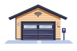 Smart garage with Wi-Fi connectivity symbol on the roof, representing modern technology integration for enhanced convenience and security. png