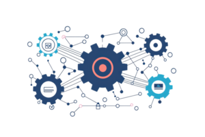 Illustration of interconnected gears representing network connectivity and automation technology concept with a digital theme. png