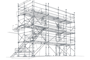 Metallic scaffolding structure in perspective view, showcasing industrial construction elements and safety features for engineering projects. png