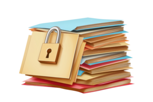 Stack of colorful folders secured with a padlock, symbolizing security, organization, and confidentiality in document management. png