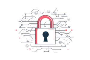 Digital security concept with red padlock and circuit lines, representing cybersecurity, protection, and technology innovation. png