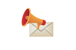 A vibrant orange megaphone emerging from a white envelope, symbolizing communication and marketing concepts in digital media. png