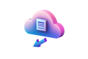 3D icon of a cloud with a document and arrow, symbolizing digital data storage and download process in pastel colors. png
