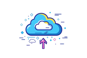 Colorful cloud computing concept with digital elements, illustrating data storage and transfer technology in a modern design. png