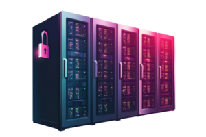 Modern server room with secure data rack, neon light, and cyber technology for data storage and protection in digital infrastructure. png