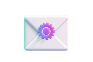 3D illustration of a white envelope with a purple gear, symbolizing email settings or communication configuration on a digital platform. png