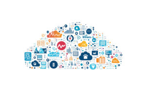 Colorful cloud computing concept with diverse icons representing technology and digital services, illustrating data storage and networking. png