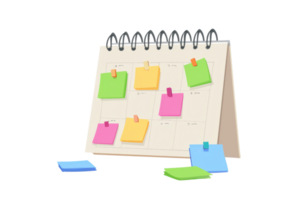 Desktop calendar with colorful sticky notes for organizing tasks. Perfect for office or study planning and scheduling. png