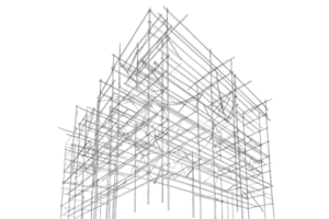 Intricate building framework of a construction site, abstract structure of metal beams against clear sky, showcasing engineering precision. png