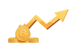 Bitcoin rising concept with a gold arrow and coin stack, symbolizing financial growth and cryptocurrency success. png