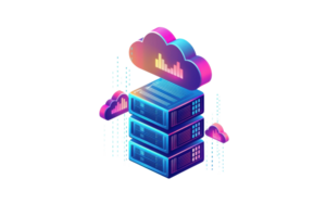 Colorful isometric illustration of cloud computing server with neon gradient and digital elements on a transparent background. png