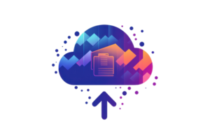 Colorful digital upload icon with cloud and arrow, representing data storage and technology solutions. Perfect for tech and cloud topics. png