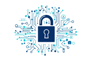 Digital padlock and circuit design symbolizing cybersecurity and data protection in a modern technological setting. png