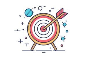 Colorful illustration of a target with an arrow hitting the bullseye, surrounded by celestial motifs, symbolizing precision and success. png