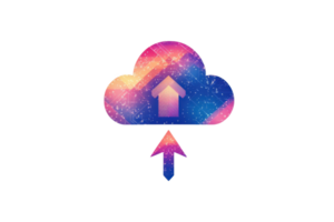 Colorful digital cloud icon with upward arrow, symbolizing data upload and cloud computing, isolated on a transparent background. png