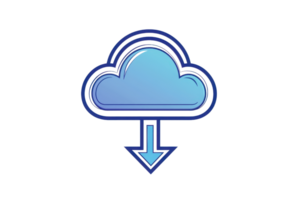 Blue cloud download icon on transparent background. Digital concept representing online storage, data saving, and cloud computing services. png
