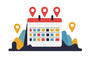 Colorful calendar with location markers symbolizing event planning and scheduling over a mountain backdrop. png