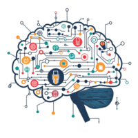Digital brain with interconnected nodes and padlock symbolizing cybersecurity and artificial intelligence innovation. png