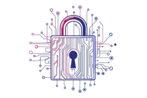 Digital security padlock with circuit board design, symbolizing cybersecurity and data protection in a tech-driven world. png