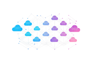 Colorful cloud network with interconnected lines on a transparent background, representing digital communication and data exchange. png