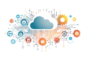 Digital cloud computing concept with connected gears and circuits, symbolizing modern technology, innovation, and data management. png