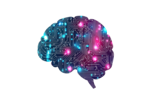Digital brain illustration merging technology and innovation with vibrant circuits and glowing lights, signifying the future of AI and tech evolution. png