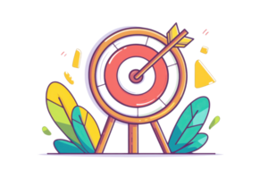 Colorful illustration of a target with an arrow, surrounded by abstract shapes. Perfect for strategy and success themes. png