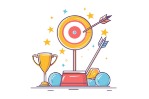 Colorful illustration of a target with arrows and a trophy, symbolizing success in achievement, leadership, and goal setting. png