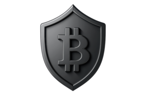 A sleek black shield with the Bitcoin symbol, representing cryptocurrency protection and digital security in modern financial systems. png