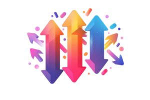 Colorful arrows pointing upward with symbols on transparent background, representing growth, upward movement, and success in vibrant tones. png