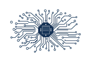 Abstract illustration of a blue circuit design representing technology, digital connections, and data flow in modern electronics. png
