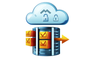 Cloud computing network with data storage and security elements. Conceptual illustration of digital safety, connectivity, and technology. png