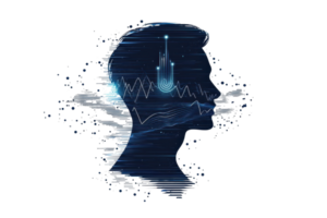 Digital concept of human mind with data flow and technology interface, abstract silhouette highlighting innovation and future technology. png