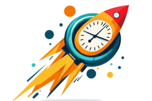 Colorful rocket clock with abstract elements, symbolizing time management, speed, and creativity. Perfect for business or tech themes. png