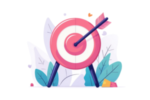 Colorful illustration of an archery target with an arrow in the bullseye, surrounded by leaves and abstract shapes, symbolizing precision. png